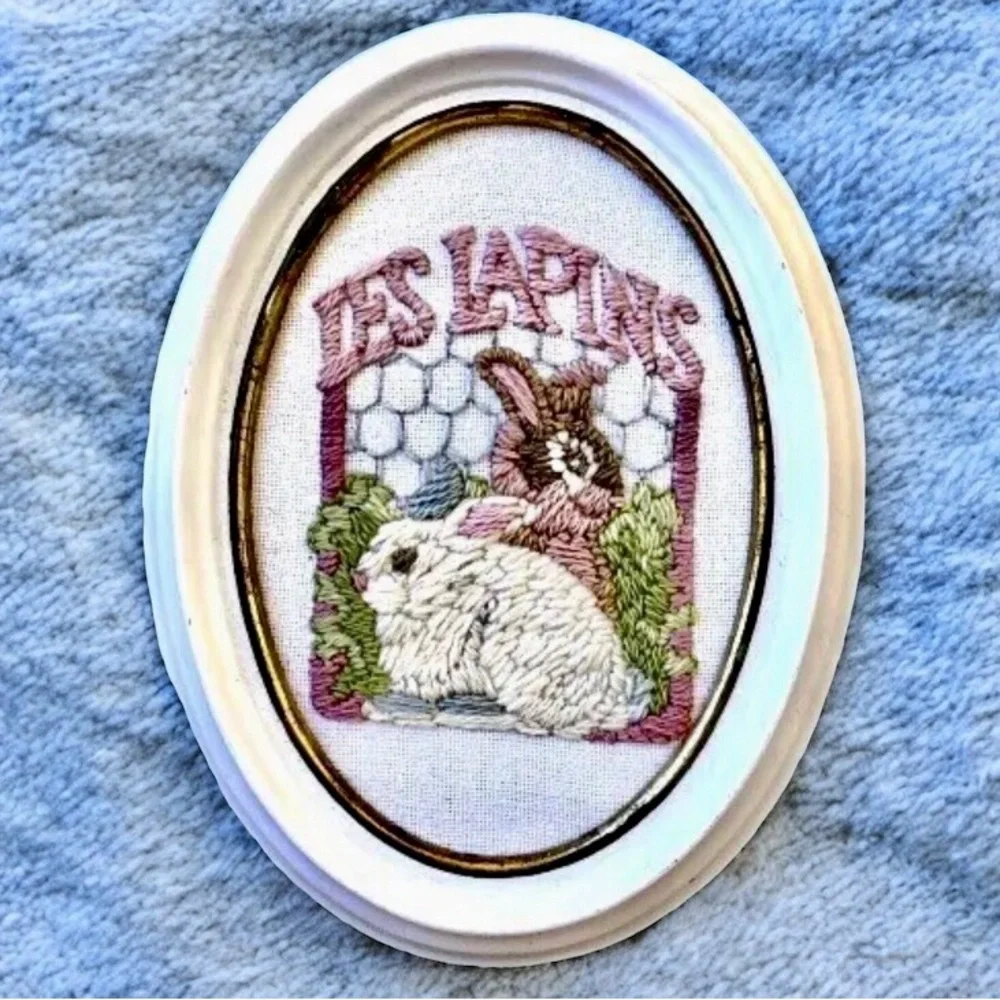 Vintage Long Needlepoint Bunny Rabbits Easter Wall Art Framed